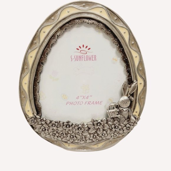 Vtg Egg Shaped S-Sunflower Cream Enamel Photo Picture Frame Bunny Rabbit Easter - Picture 1 of 4